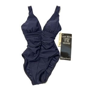 Miraclesuit Ruched One Piece Swimsuit Navy Slimming NWT 64631 - Womens 8